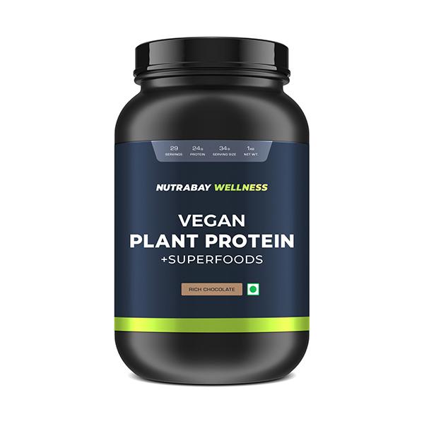 Netmeds | Nutrabay Wellness Vegan Plant Protein + Superfoods - Rich Chocolate 1 kg