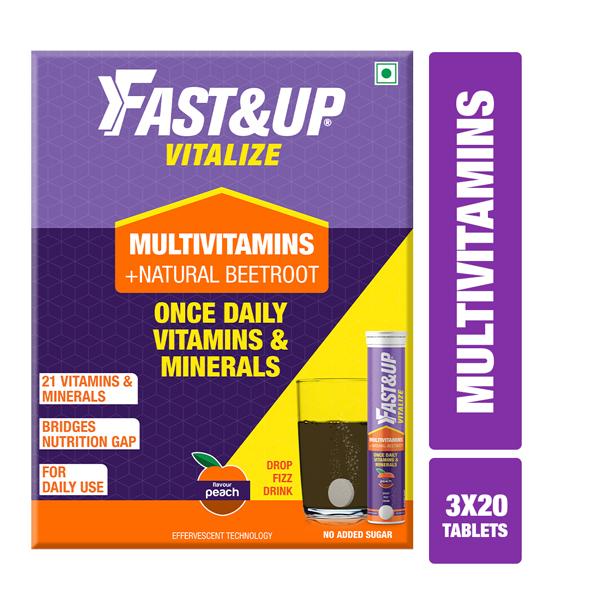 Fast&Up Vitalize Effervescent Tablet - Peach Flavour (Pack of 3 x 20) 1's - Workout Essentials