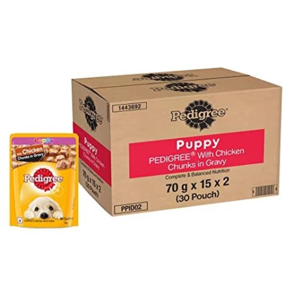 Netmeds | Pedigree Puppy Chicken & Liver Chunks Flavour in Gravy with Vegetables (Pack of 70gm x 30) 2100 gm