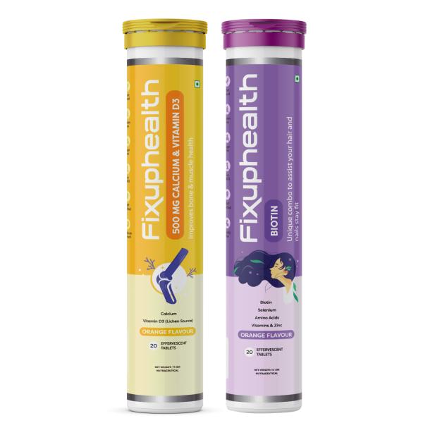 FixUpHealth Calcium and Vitamin D3 Effervescent Tablet - Orange Flavour 20s & FixUpHealth Biotin Effervescent Tablet - Orange Flavour 20s 1's - Calcium And Minerals