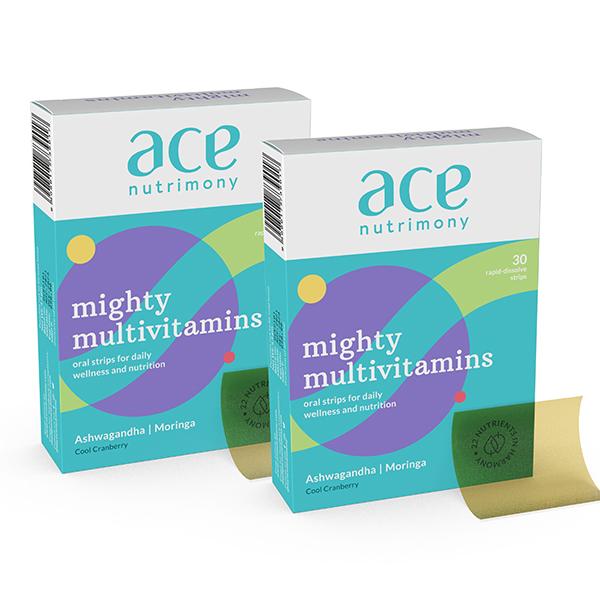 Netmeds | Ace Nutrimony Mighty Multivitamins with Ashwagandha and Moringa Rapid Dissolve Strip - Cool Cranberry 30's (Buy 1 Get 1 Free)