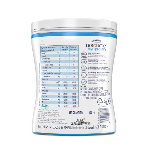 Nestle Resource High Protein Powder - Chocolate Flavour 200 gm (Refill Pack) - Protein Drink