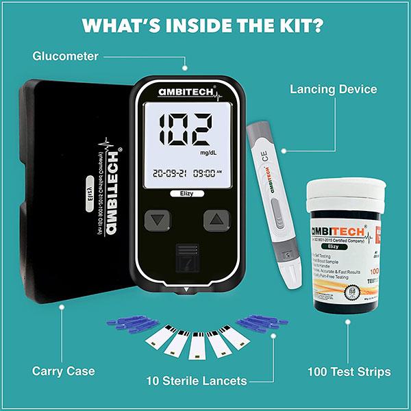 Ambitech Elizy Blood Glucose Measuring Kit (Test Strips 100's + Lancets 100's + Glucometer 1's) -Black - Blood Glucose Monitors/Strips