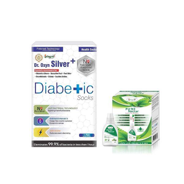 Dr. Oxyn Silver+ N9 Pure Silver Diabetic Socks (1 Pair) + Vringra Pure Nectar Stevia Extract Sweetener Drops 20 ml - Diabetes Care (Ayush)