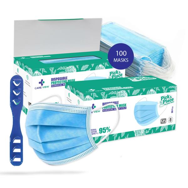 Netmeds | Care View 3 Ply Disposable Surgical Face Mask With Nose Pin - Blue 100's