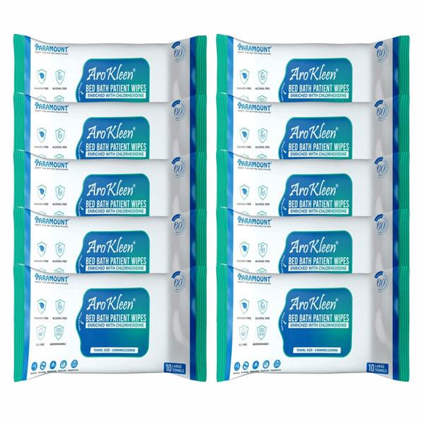 Netmeds | AroKleen Bed Bath Patient Wipes - Chlorhexidine (240 mm x 320 mm) (Pack of 10 x 10's) 1's