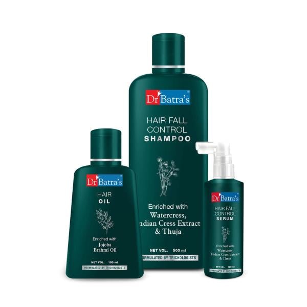 Netmeds | Dr Batra's Hair Fall Control Shampoo 500 ml + Hair Fall Control Serum 125 ml + Hair Oil 100 ml