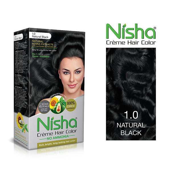 Nisha Creme Hair Color - 1.0 Natural Black 60 gm - Crème