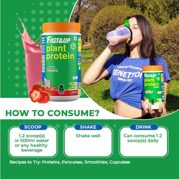 Fast&Up Vegan Plant Protein Powder - Strawberry Splash Flavour 440 gm - Workout Essentials