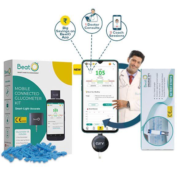 BeatO Smart Glucometer Kit (Mobile Connected Glucometer 1's + Test Strips 50's) - Blood Glucose Monitors/Strips