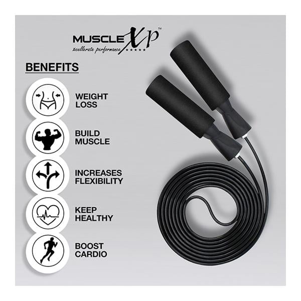 MuscleXP Skipping Rope (Jumping Rope) with Foam Handles - Black 1's - Gym Accessories