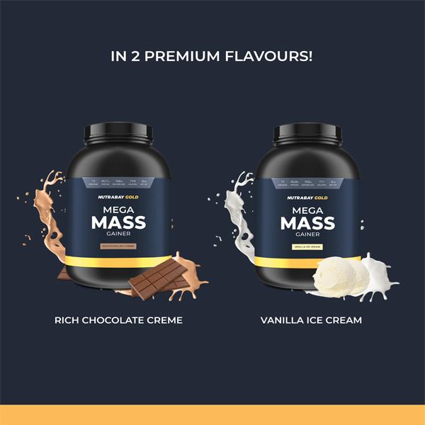 Nutrabay Gold Mega Mass Gainer Powder - Vanilla Ice Cream Flavour 2 kg - Weight Gain