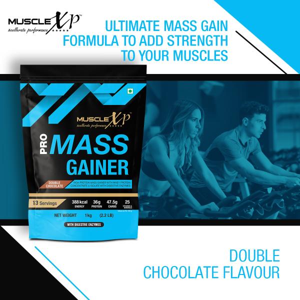 MuscleXP Pro Mass Gainer - Double Chocolate 1 kg + Shaker 1's - Weight Gain