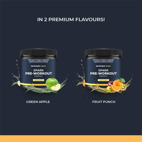 Nutrabay Gold Spark Pre-Workout Energy Powder - Green Apple Flavour 300 gm - Energy Drinks