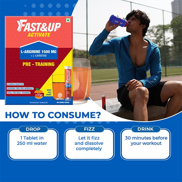 Fast&Up Activate Pre-Training Drink L-Arginine L-Carnitine 1500 mg Effervescent Tablet - Orange Flavour (Pack of 3 x 20) 1's - Workout Essentials