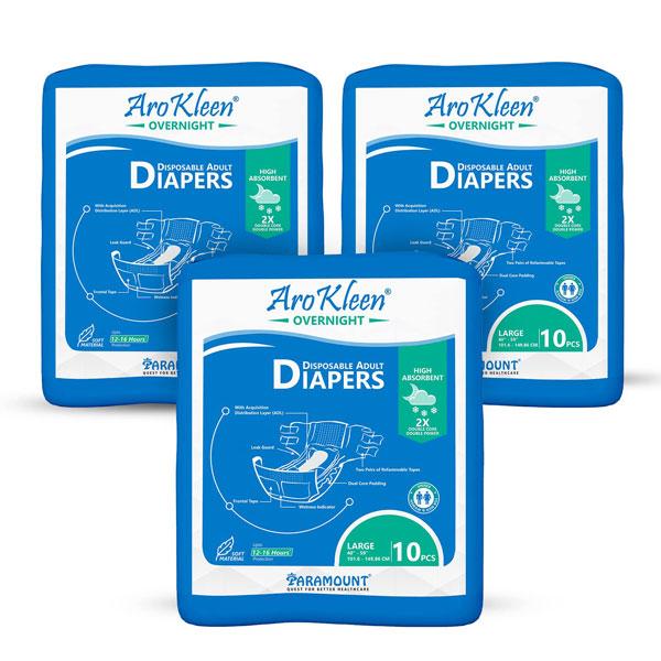 Netmeds | AroKleen Overnight Disposable Adult Diapers (L) (101.6 cm - 149.86 cm) (Pack of 3 x 10's) 1's