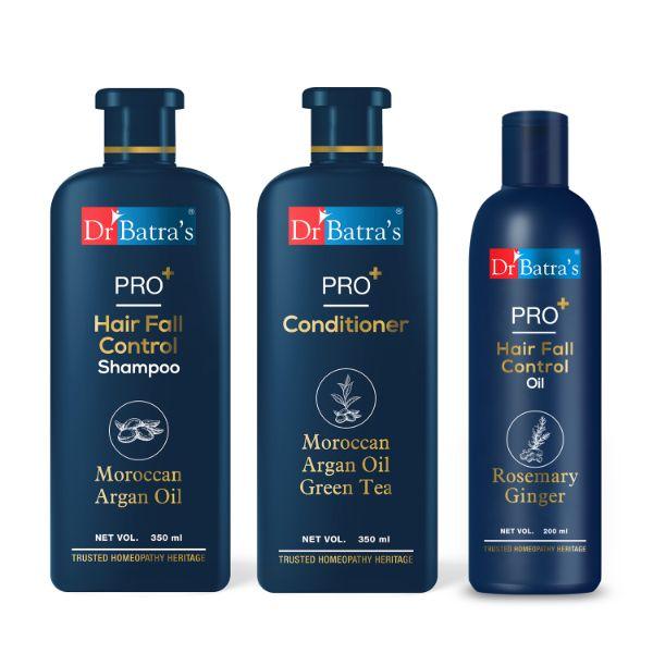 Netmeds | Dr Batra's Hair Fall Control Shampoo 350 ml + PRO+ Conditioner 350 ml + PRO+ Hair Fall Control Oil 200 ml