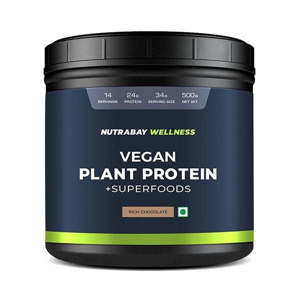 Netmeds | Nutrabay Wellness Vegan Plant Protein + Superfoods - Rich Chocolate 500 gm