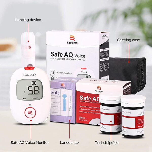 Sinocare Safe AQ Voice Blood Glucose Monitoring System (Test Strips 50's + Lancets 50's) 1's - Blood Glucose Monitors/Strips