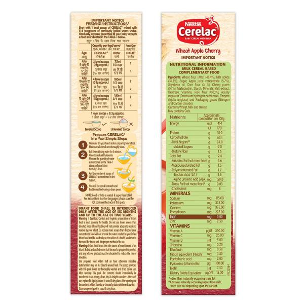 Nestle Cerelac Stage 2 (8 Months+) Powder - Wheat Apple Cherry 300 gm (Refill Pack) - Baby And Infant Supplements