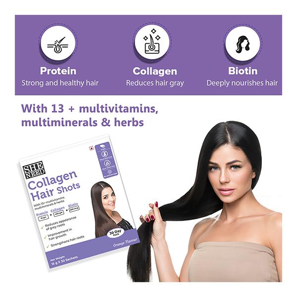 SheNeed Collagen Hair Shots Sachet - Orange (Pack of 30 x 15 gm) - Hair & Skin