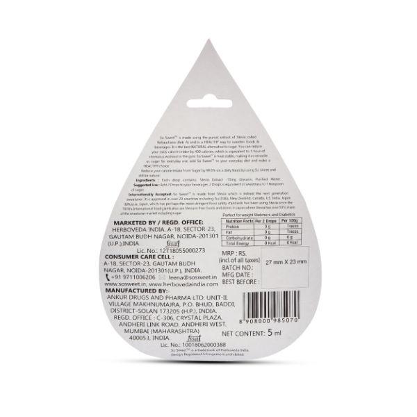 So Sweet 100% Natural Sugarfree Sweetener Stevia Liquid (Pack of 3) 300 Drops 15 ml - Sugar Substitute