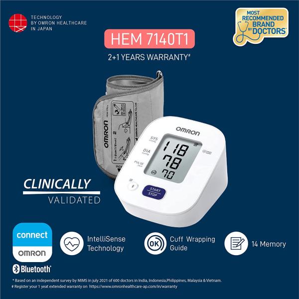 Omron Digital Blood Pressure Bluetooth Monitor With Cuff Wrapping (HEM 7140T1) - Health Monitors And Equipment