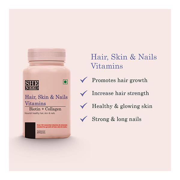 SheNeed Hair, Skin & Nails Vitamin with Biotin + Collagen Capsule (Pack of 2 x 60's) - Hair & Skin