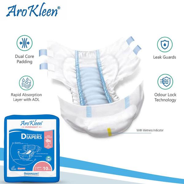 AroKleen Overnight Disposable Adult Diapers (XL) (127 cm - 170.18 cm) (Pack of 3 x 10's) 1's - Adult Diapers & Pads