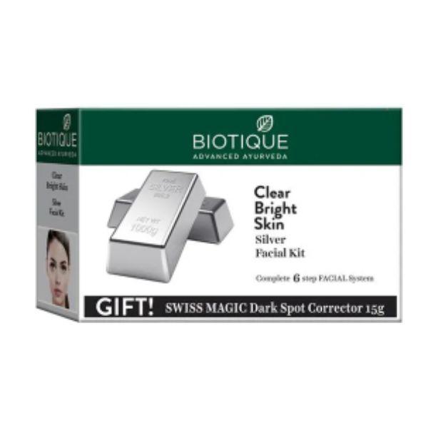 Netmeds | Biotique Clear Bright Skin Silver Facial Kit 65 gm + Free Gift Swiss Magic Dark Spot Corrector 15 gm