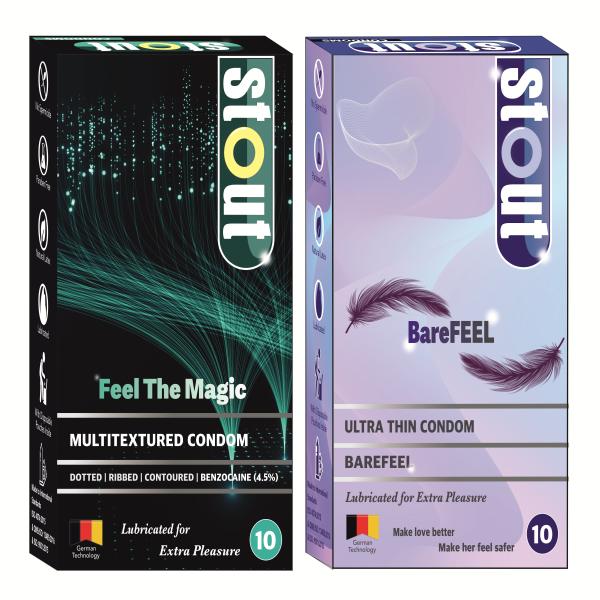 Stout Ultra Thin BareFeel Condoms 10's + Stout Multitextured Feel The Magic Condoms 10' (Combo Pack) 1's - Plain/Flavoured Condoms