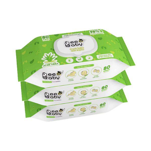 Beebaby Fresh Baby Wet Wipes with Plastic Lid, Aloe Vera of 80 Wipes each 3's - Cotton Buds & Balls