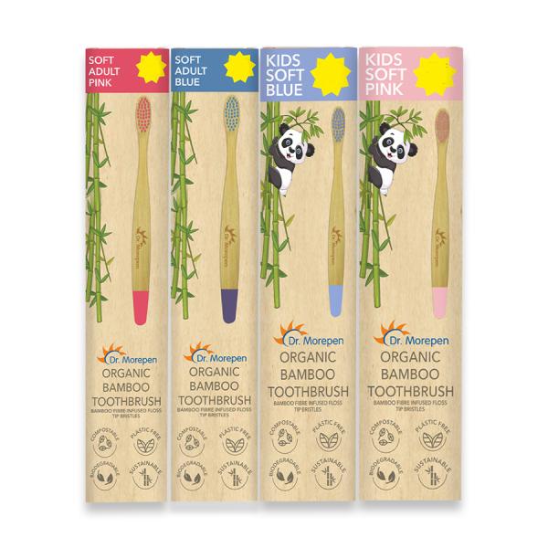 Netmeds | Dr.Morepen Organic Bamboo Toothbrush Combo Pack (Adult Soft - Pink 1's, Blue 1's + Kids Soft - Blue 1's, Pink 1's)