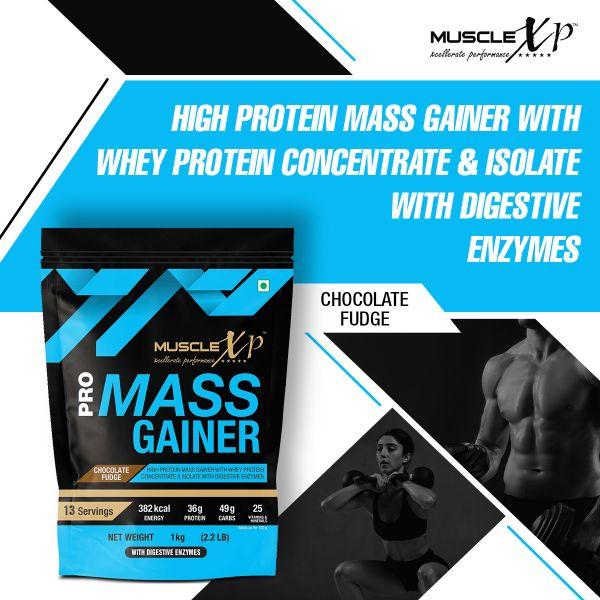 MuscleXP Pro Mass Gainer with Whey Protein Powder - Chocolate Fudge 1 kg - Whey Proteins