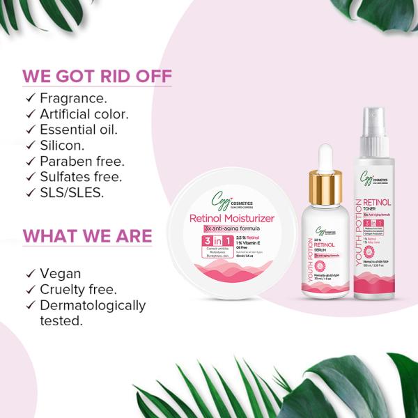 CGG Cosmetics 3 in 1 Retinol Moisturizer 50 ml + Retinol Face Serum 30 ml + Retinol Toner 100 ml - Youth Potion - Face Serum