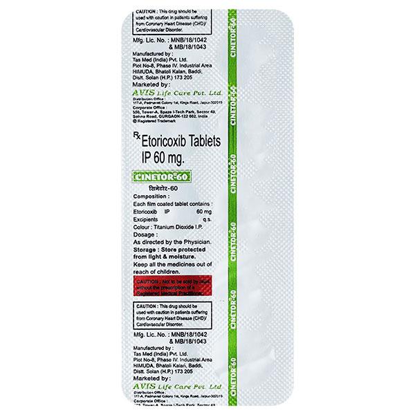 CINETOR 60mg Tablet 10's - Pain relief-Nsa