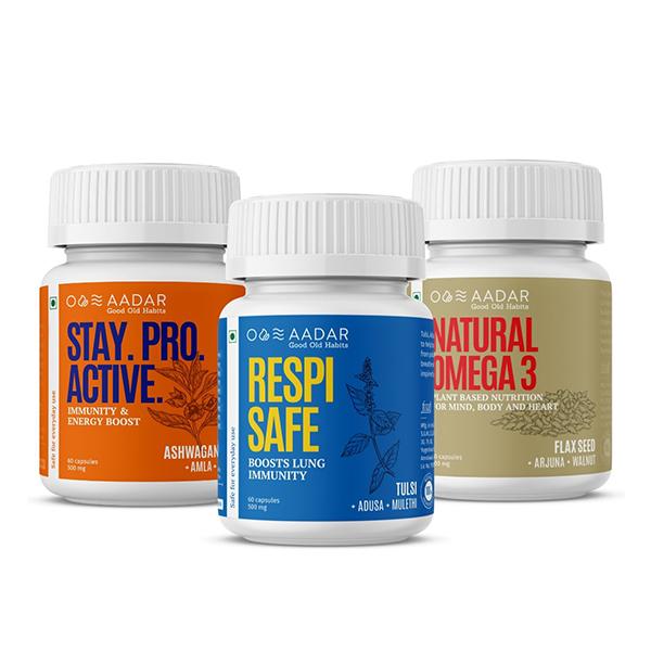 Netmeds | Aadar Immunity Booster Combo (Stay Pro Active 500 mg Capsule 60's + Natural Omega 3 500 mg Capsule 60's + Respi Safe 500 mg Capsule 60's)
