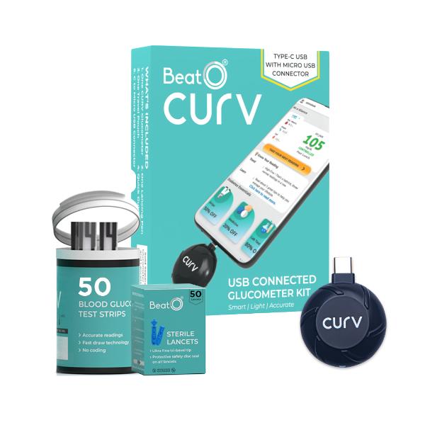 Netmeds | BeatO Curv Glucometer Kit (USB Connected Glucometer 1's + Blood Glucose Test Strips 50's)