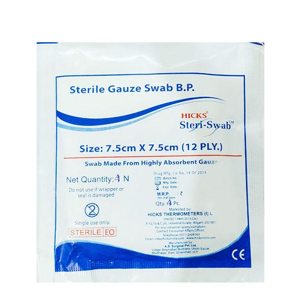 Netmeds | Hicks Steriswab Sterile Gauze Swab (7.5 cm x 7.5 cm x 12 Ply) 1's