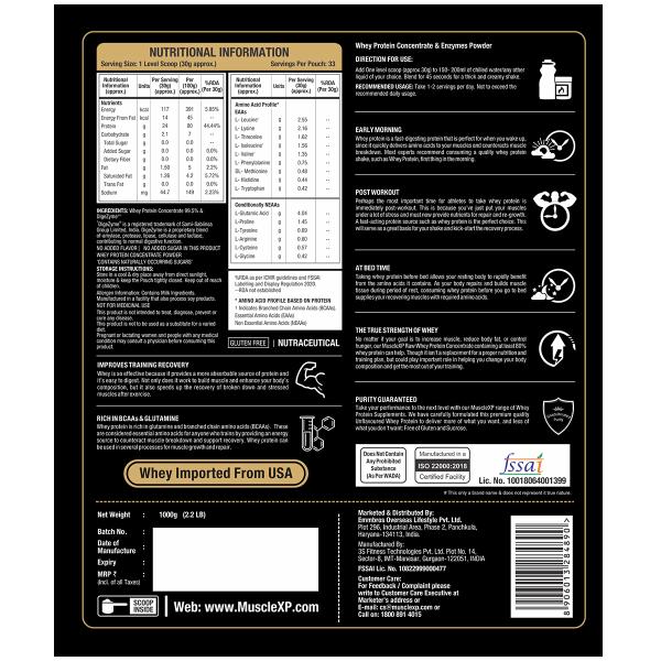 MuscleXP Raw Whey Protein Concentrate 80% Powder - Unflavored (Pack of 2 x 1 kg) - Whey Proteins