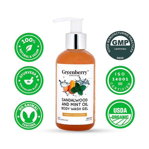 Greenberry Organics Body Wash Gel - Sandalwood & Mint Oil 200 ml - Shower Gels & Body Wash