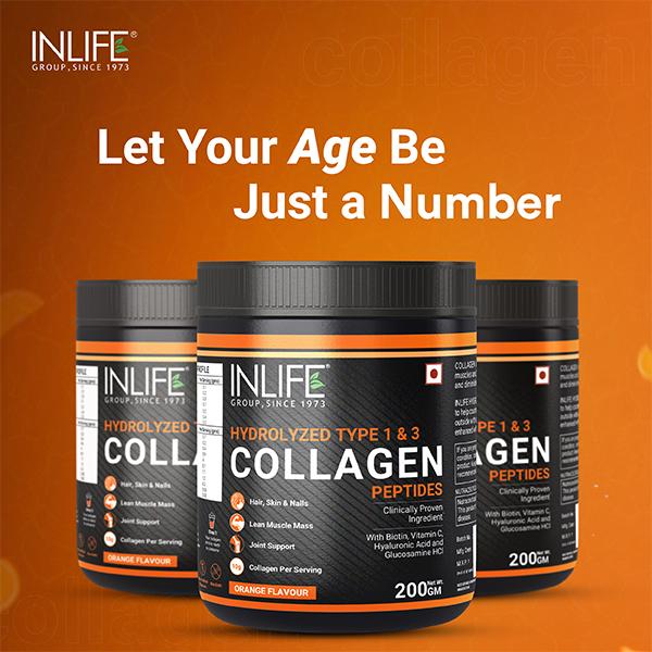 INLIFE Hydrolyzed Collagen Peptides Powder - Orange Flavour 200 gm - Hair & Skin