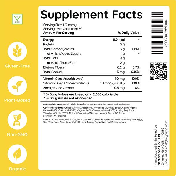 Purna Immunity Vitamin Gummies - Lemon Flavour 30's - Vitamin C