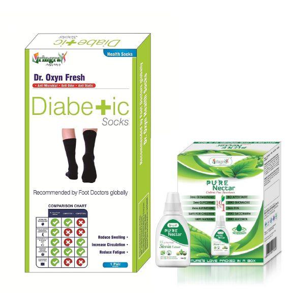 Dr. Oxyn Fresh Diabetic Socks (1 Pair) + Vringra Pure Nectar Stevia Extract Sweetener Drops 20 ml - Diabetes Care (Ayush)