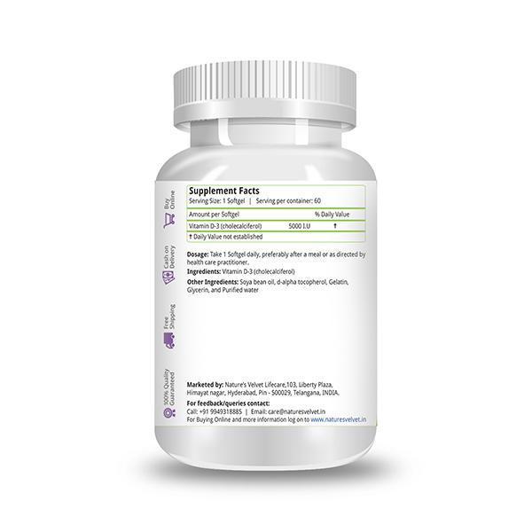 Natures Velvet Vitamin D-3 5000 I U Softgels 60's - Health Products