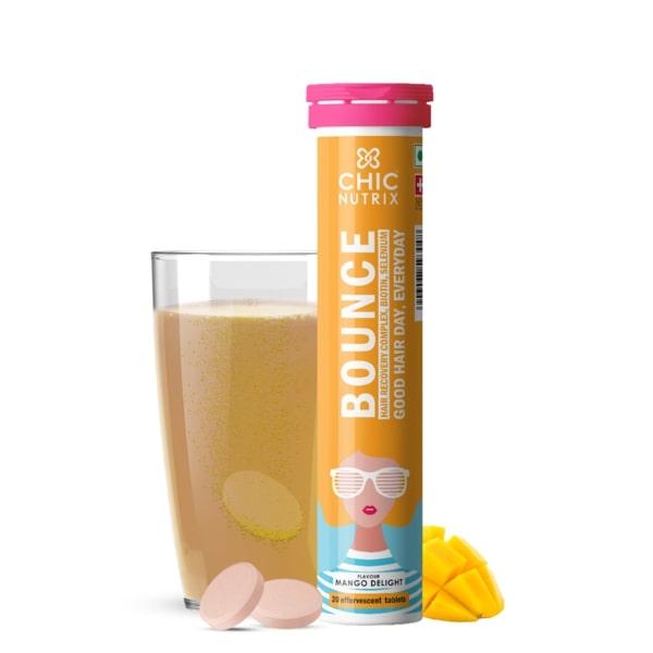 Netmeds | Chicnutrix Bounce - Hair Recovery Complex, Biotin, Selenium Effervescent Tablet - Mango Delight Flavour 20's