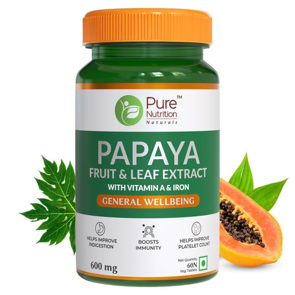 Netmeds | Pure Nutrition Papaya Fruit & Leaf Extract with Vitamin & Iron 600 mg Veg Tablet 60's