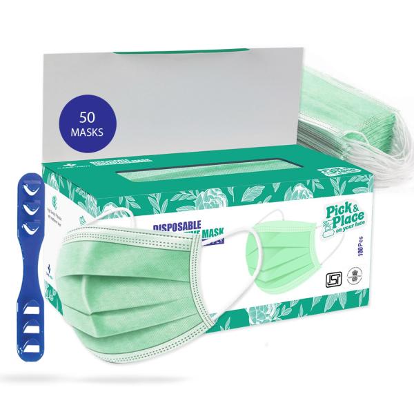 Netmeds | Care View 3 Ply Disposable Surgical Face Mask With Nose Pin - Green 50's
