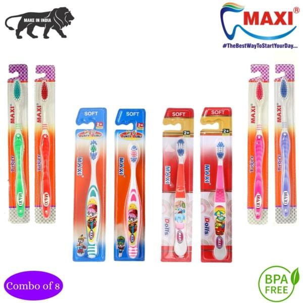 MAXI Oral Care Hygiene Family Combo Pack - Soft (Tiger 4's + Dolls Junior 2's + Bunty Bubli Junior 2's) - Toothbrushes
