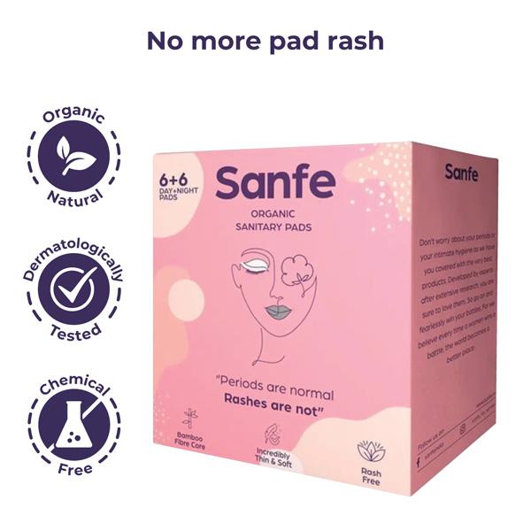 Sanfe Clean Period Set (Organic Sanitary Pads - Night Pads 12's and Intimate Wash - Cucumber & White Lily 100 ml) - Sanitary Napkins